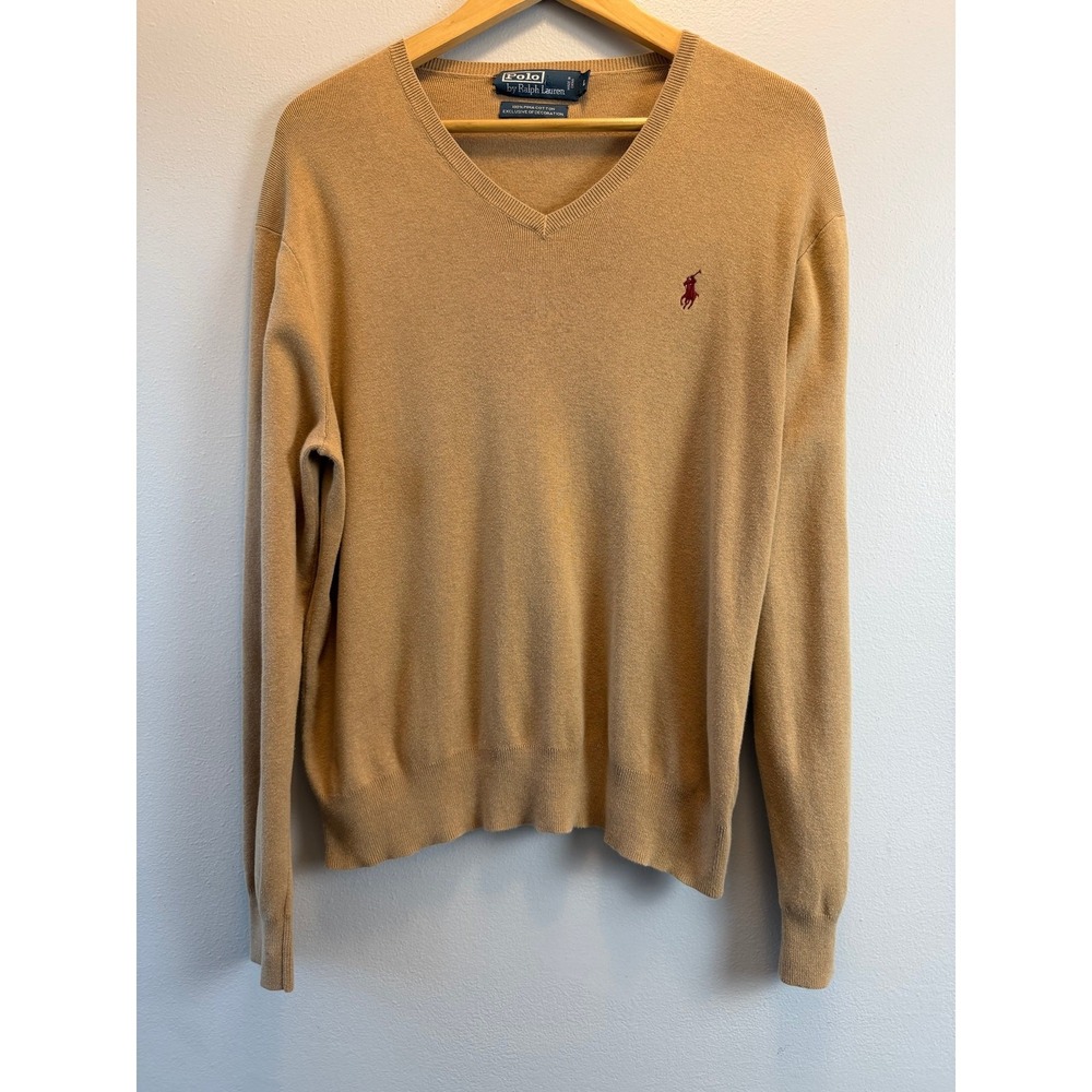 VTG Polo Ralph Lauren Pima Cotton VNeck Sweater Men Lrg Tan Camel Brown Academia